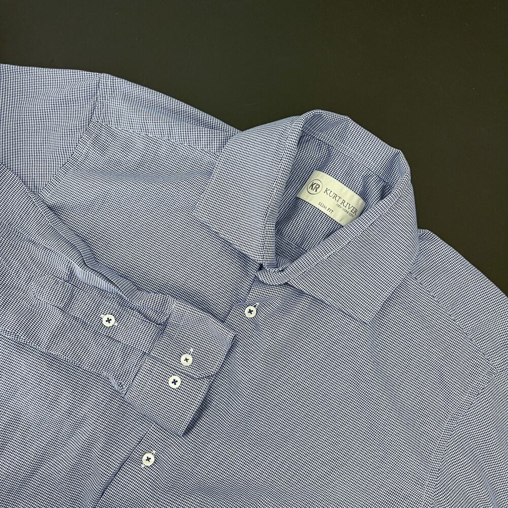 Kurt River Shirt Mens Large Blue Houndstooth Slim Fit Button Up Classic Career